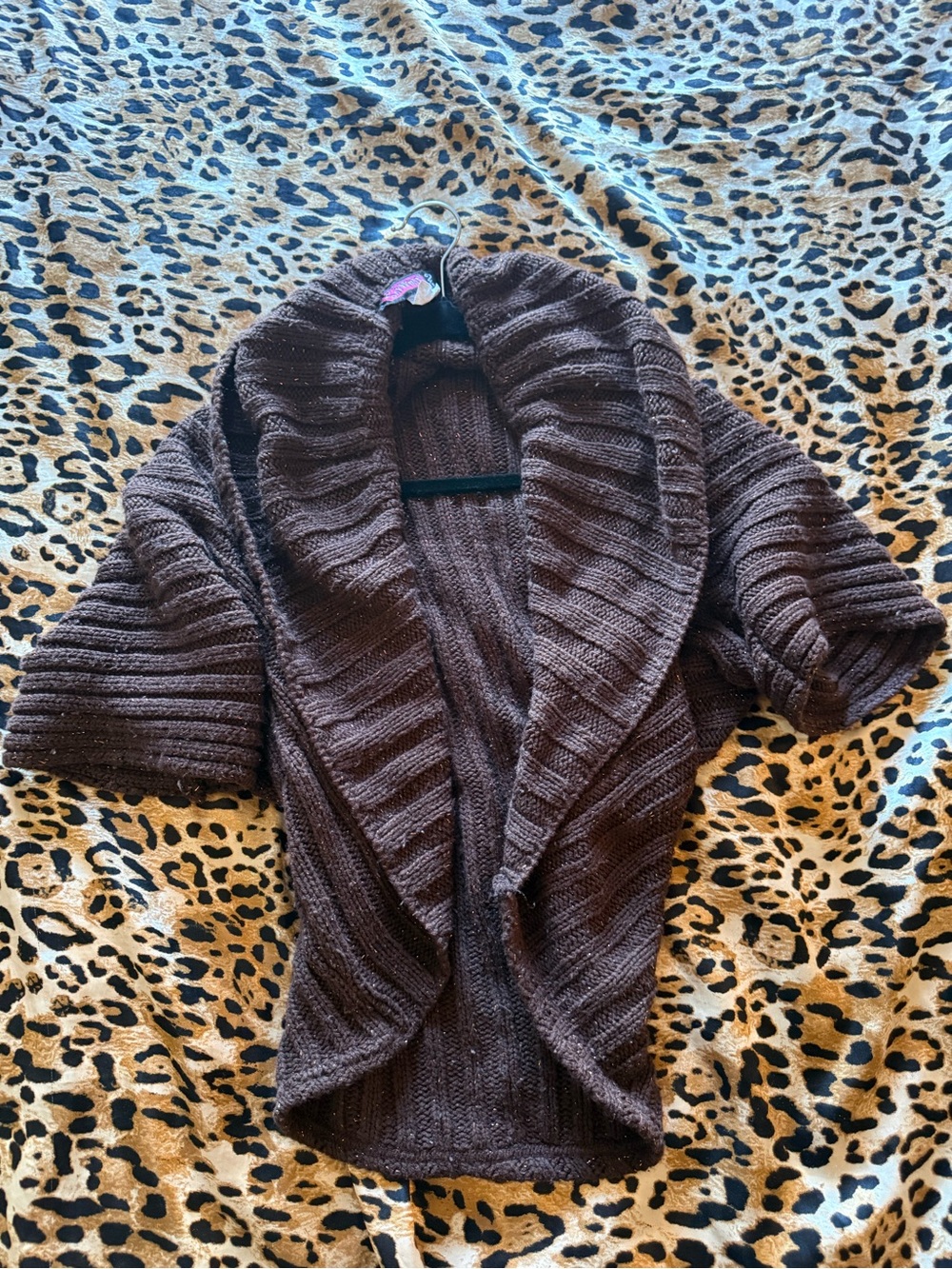 Say What? Brown Ribbed Open-Front Shawl Collar Cardigan
